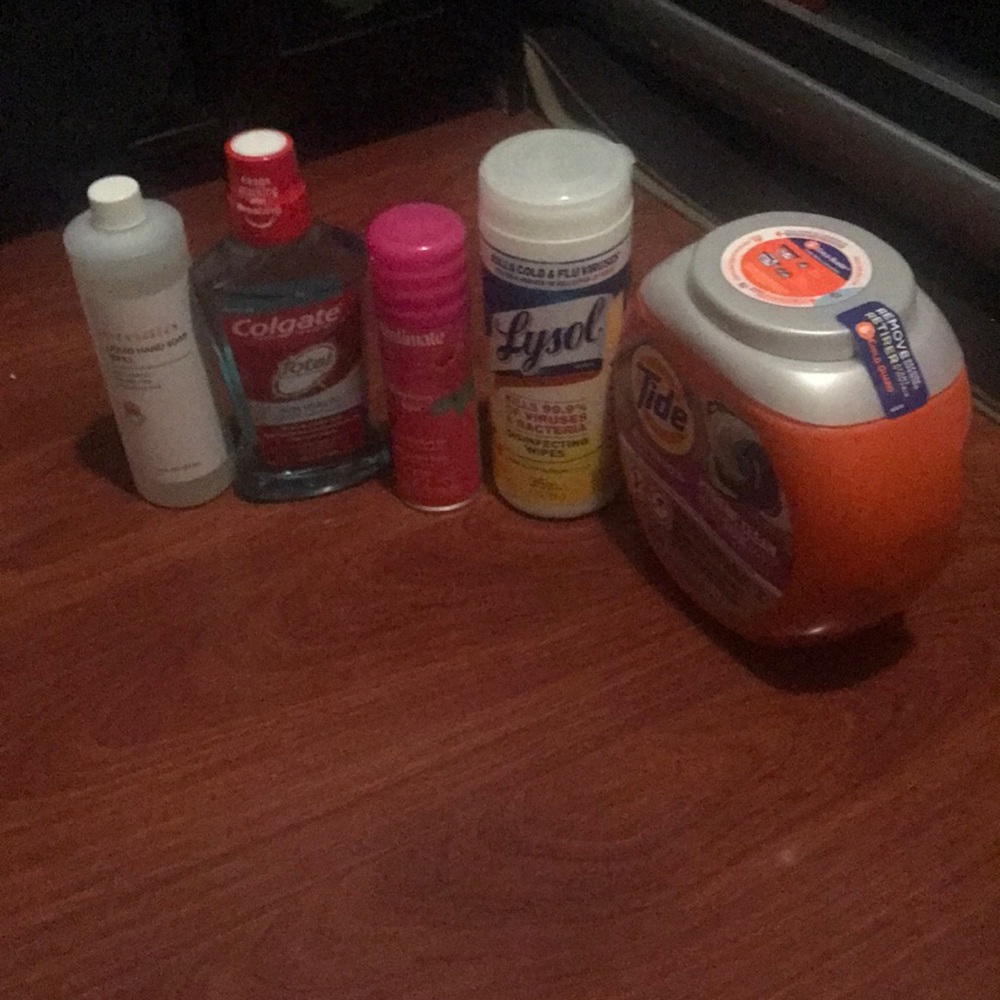 Tide pods Lysol Colgate liquid hand soap skintimate